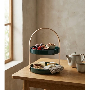 Khay Mứt Tết 2 tầng gốm sứ khung gỗ - Đĩa đựng bánh kẹo, hoa quả decor sang trọng, giá chỉ 400.000đ