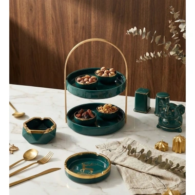 Khay Mứt Tết 2 tầng gốm sứ khung gỗ - Đĩa đựng bánh kẹo, hoa quả decor sang trọng, giá chỉ 400.000đ