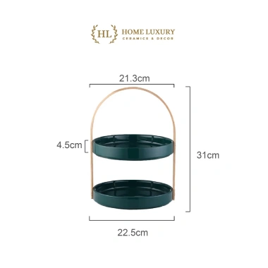 Khay Mứt Tết 2 tầng gốm sứ khung gỗ - Đĩa đựng bánh kẹo, hoa quả decor sang trọng, giá chỉ 400.000đ