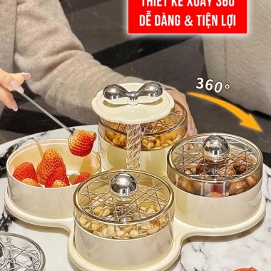 Khay mứt Tết 4/6 hũ tròn bánh kẹo, nắp đậy, khay xoay 360° sang trọng UF806