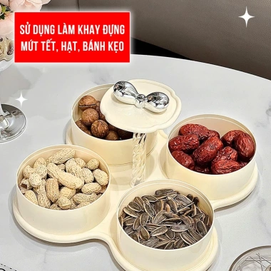 Khay mứt Tết 4/6 hũ tròn bánh kẹo, nắp đậy, khay xoay 360° sang trọng UF806