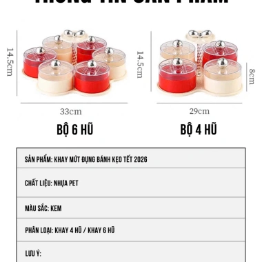 Khay mứt Tết 4/6 hũ tròn bánh kẹo, nắp đậy, khay xoay 360° sang trọng UF806