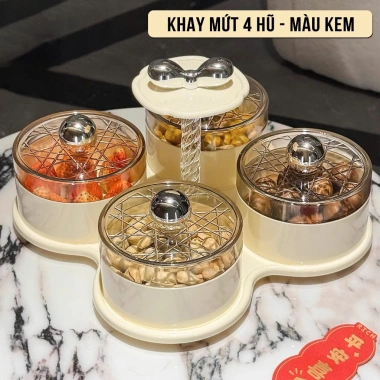 Khay mứt Tết 4/6 hũ tròn bánh kẹo, nắp đậy, khay xoay 360° sang trọng UF806