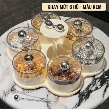 Khay mứt Tết 4/6 hũ tròn bánh kẹo, nắp đậy, khay xoay 360° sang trọng UF806