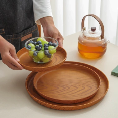Khay Nhựa Vân Gỗ Tròn, Đĩa Gỗ Beech Decor Sang Trọng Nhật Bản, Giá 39.000₫