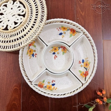 Khay Sứ Mây Tre Đan Bát Tràng - Đựng Mứt, Bánh Kẹo Tết Nhiều Mẫu Giá 430.000₫