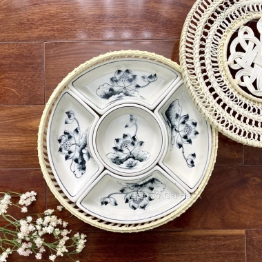 Khay Sứ Mây Tre Đan Bát Tràng - Đựng Mứt, Bánh Kẹo Tết Nhiều Mẫu Giá 430.000₫