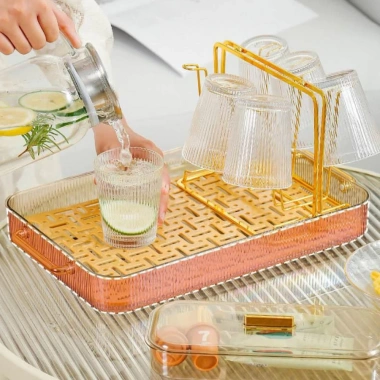 Khay trà 2 lớp thoát nước, tay cầm mạ vàng, nhựa Acrylic - khay úp ly cốc 2