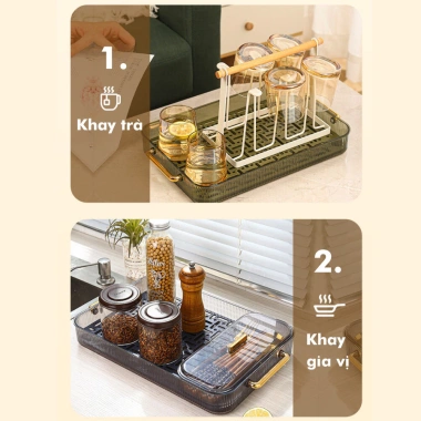 Khay trà 2 lớp thoát nước, tay cầm mạ vàng, nhựa Acrylic - khay úp ly cốc 4