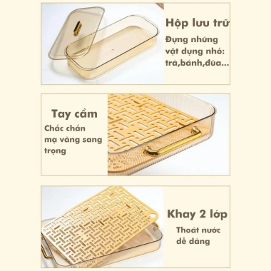 Khay trà 2 lớp thoát nước, tay cầm mạ vàng, nhựa Acrylic - khay úp ly cốc 5
