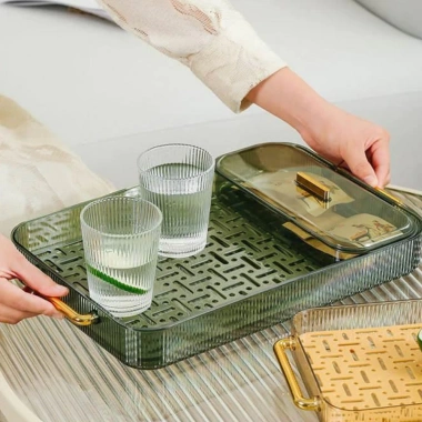 Khay trà 2 lớp thoát nước, tay cầm mạ vàng, nhựa Acrylic - khay úp ly cốc 7