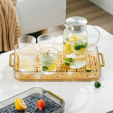 Khay trà 2 lớp thoát nước, tay cầm mạ vàng, nhựa Acrylic - khay úp ly cốc 8