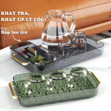 Khay trà, khay úp ly cốc 2 lớp acrylic trong suốt, kèm hộp lưu trữ đa năng - 123k