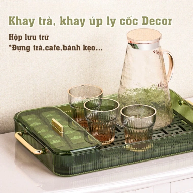 Khay trà, khay úp ly cốc 2 lớp acrylic trong suốt, kèm hộp lưu trữ đa năng - 123k