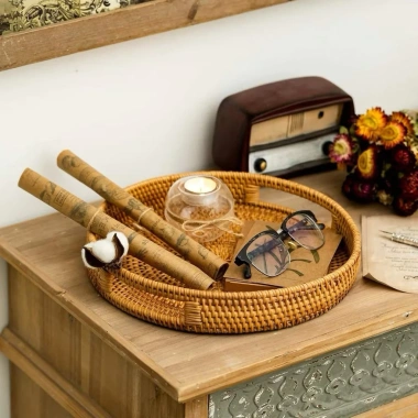Khay Tròn Bamboo Mây Size 35 - Khay Trà Bánh Tay Cầm Trang Trí Tết 2.026 Giá 230k