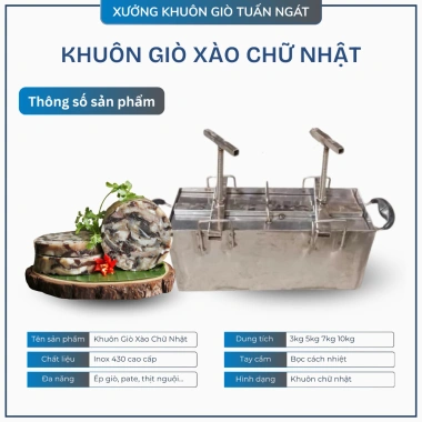 Khuôn giò xào chữ nhật inox 430 không gỉ, vít ép đa năng 3-10kg, giá ưu đãi 440k