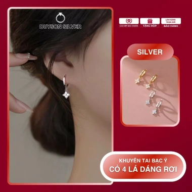 Khuyên tai bạc 925 Duyson Silver vòng tròn đính charm cỏ 4 lá – Giá chỉ 400.000đ