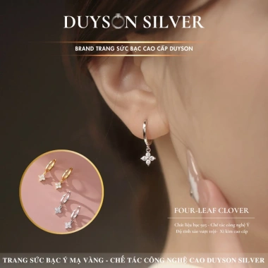 Khuyên tai bạc 925 Duyson Silver vòng tròn đính charm cỏ 4 lá – Giá chỉ 400.000đ