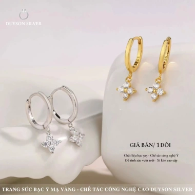Khuyên tai bạc 925 Duyson Silver vòng tròn đính charm cỏ 4 lá – Giá chỉ 400.000đ