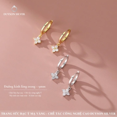 Khuyên tai bạc 925 Duyson Silver vòng tròn đính charm cỏ 4 lá – Giá chỉ 400.000đ