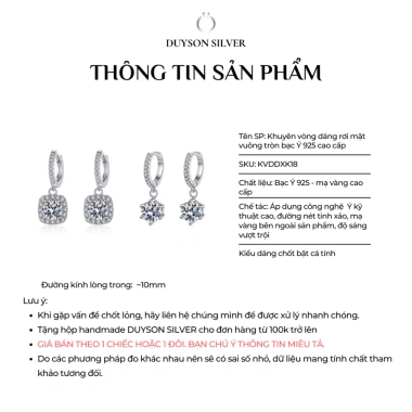 Khuyên tai bạc 925 mạ vàng trắng vòng tròn chốt bấm dáng rơi mặt vuông - DUYSON SILVER (1 Đôi) giá 800.000₫