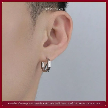 Khuyên tai bạc đa giác khắc số LA MÃ nam nữ cá tính - Bạc 925 DUYSON giá ưu đãi 340k
