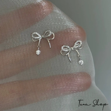 Khuyên tai bạc đính đá hình nơ - Bông tai nữ TUNA SILVER chuẩn bạc, giảm 299.000₫