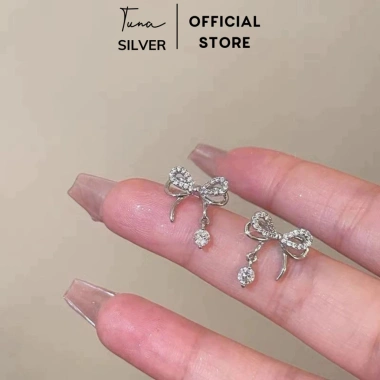 Khuyên tai bạc đính đá hình nơ - Bông tai nữ TUNA SILVER chuẩn bạc, giảm 299.000₫