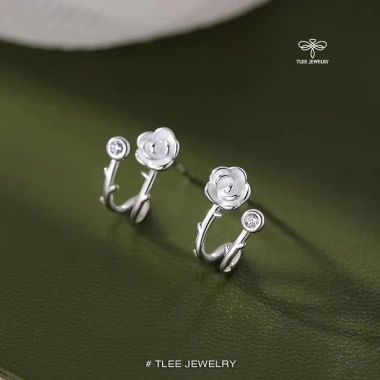 Khuyên tai bạc nữ TLEE - Bông tai hoa hồng kép cách điệu, nữ tính, giảm còn 384.000₫