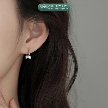 Khuyên tai bạc nữ TLEE - Bông tai tròn chốt bấm nơ đá trái tim xinh xắn, giá ưu đãi 480k 3