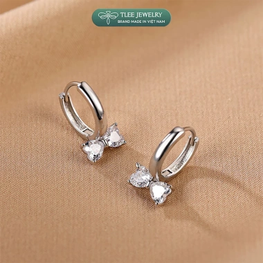 Khuyên tai bạc nữ TLEE - Bông tai tròn chốt bấm nơ đá trái tim xinh xắn, giá ưu đãi 480k 4