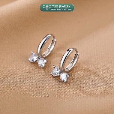 Khuyên tai bạc nữ TLEE - Bông tai tròn chốt bấm nơ đá trái tim xinh xắn, giá ưu đãi 480k 5