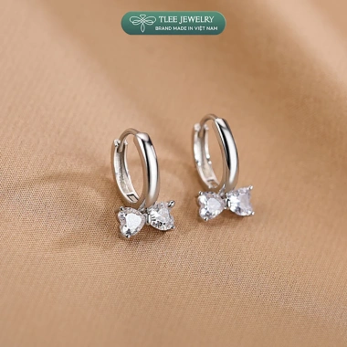 Khuyên tai bạc nữ TLEE - Bông tai tròn chốt bấm nơ đá trái tim xinh xắn, giá ưu đãi 480k 6