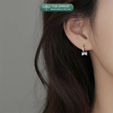 Khuyên tai bạc nữ TLEE - Bông tai tròn chốt bấm nơ đá trái tim xinh xắn, giá ưu đãi 480k 7