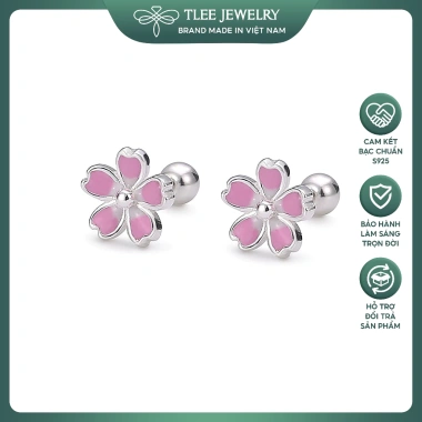 Khuyên tai bạc nữ TLEE cánh hoa đào hồng phai chốt ren bi xinh xắn giá 384.000₫
