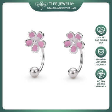 Khuyên tai bạc nữ TLEE cánh hoa đào hồng phai chốt ren bi xinh xắn giá 384.000₫