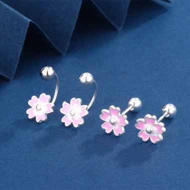 Khuyên tai bạc nữ TLEE cánh hoa đào hồng phai chốt ren bi xinh xắn giá 384.000₫