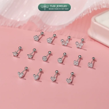 Khuyên tai bạc nữ TLEE đa dạng hình mặt đính đá chốt ren bi Giá 312.000đ