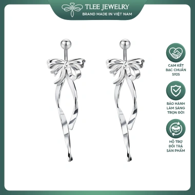 Khuyên tai bạc nữ TLEE nơ thắt dài, chốt ren bi xinh xắn - Giá ưu đãi 456.000₫