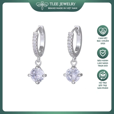 Khuyên tai bạc nữ TLEE tròn đá chốt bấm, tua dài trụ đá nhỏ 4 chấu xinh xắn - 408k