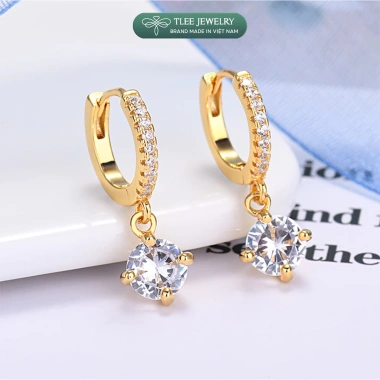 Khuyên tai bạc nữ TLEE tròn đá chốt bấm, tua dài trụ đá nhỏ 4 chấu xinh xắn - 408k