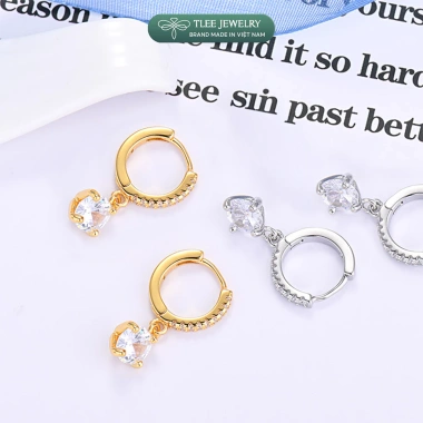 Khuyên tai bạc nữ TLEE tròn đá chốt bấm, tua dài trụ đá nhỏ 4 chấu xinh xắn - 408k