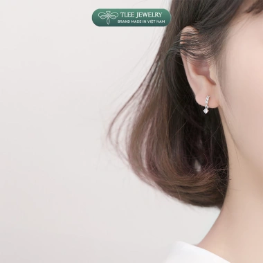 Khuyên tai bạc nữ TLEE tròn đá chốt bấm, tua dài trụ đá nhỏ 4 chấu xinh xắn - 408k