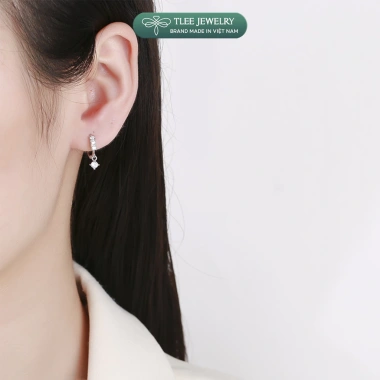 Khuyên tai bạc nữ TLEE tròn đá chốt bấm, tua dài trụ đá nhỏ 4 chấu xinh xắn - 408k
