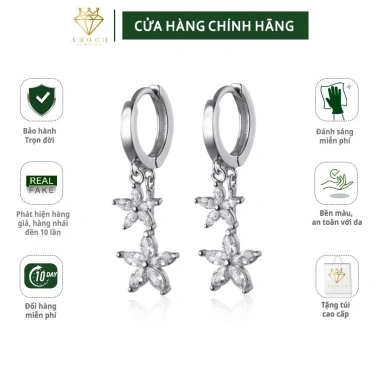 Khuyên tai bạc Ý s925 hai đôi hoa 5 cánh thả dài E3.919 - 557.000đ AROCH Jewelry