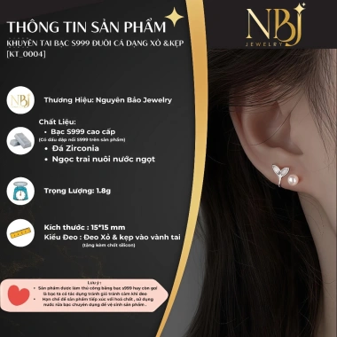 Khuyên tai kẹp đuôi cá ngọc trai bạc S999 - Phụ kiện thời trang cho phụ nữ 2