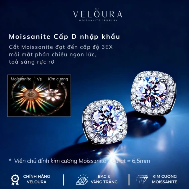 Khuyên Tai Nữ 1 Carat Kim Cương Moissanite Dáng Vuông Cao Cấp CHÍNH HÃNG VELOURA GRA VJKT006