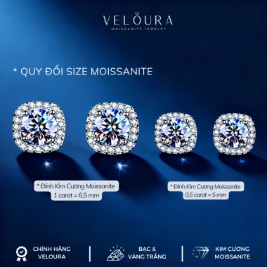 Khuyên Tai Nữ 1 Carat Kim Cương Moissanite Dáng Vuông Cao Cấp CHÍNH HÃNG VELOURA GRA VJKT006