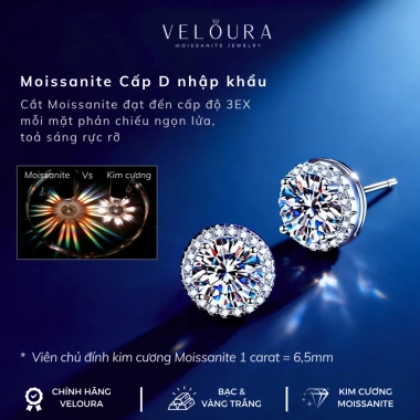 Khuyên Tai Nữ 1 Carat Moissanite Tròn Cao Cấp VELOURA Chính Hãng - 1.059.000₫ 2