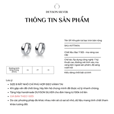 Khuyên tai tròn bạc 925 unisex Duyson - Bông tai nữ nam bản rộng, giá 300.000đ